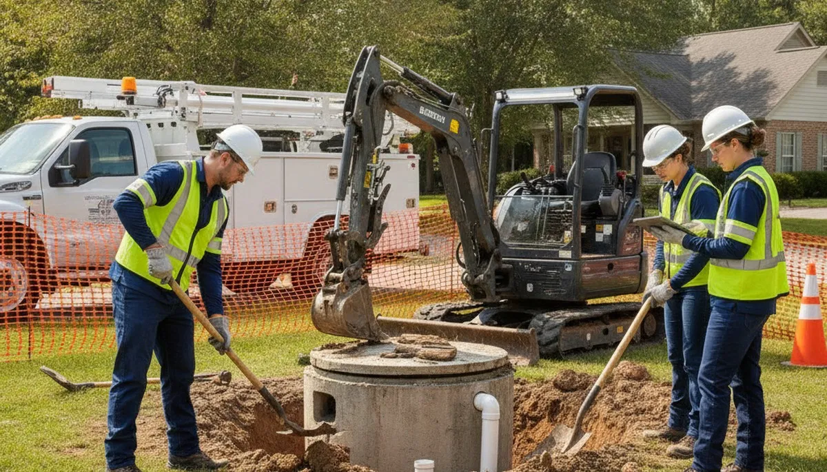 Septic repair technician inspecting Plymouth, MA home plumbing system for on call service