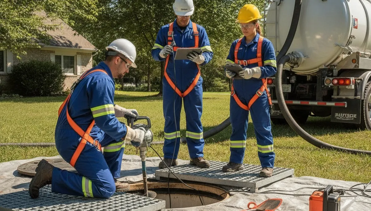 Septic repair technician inspecting Plymouth, MA home sewer line for plumbing service
